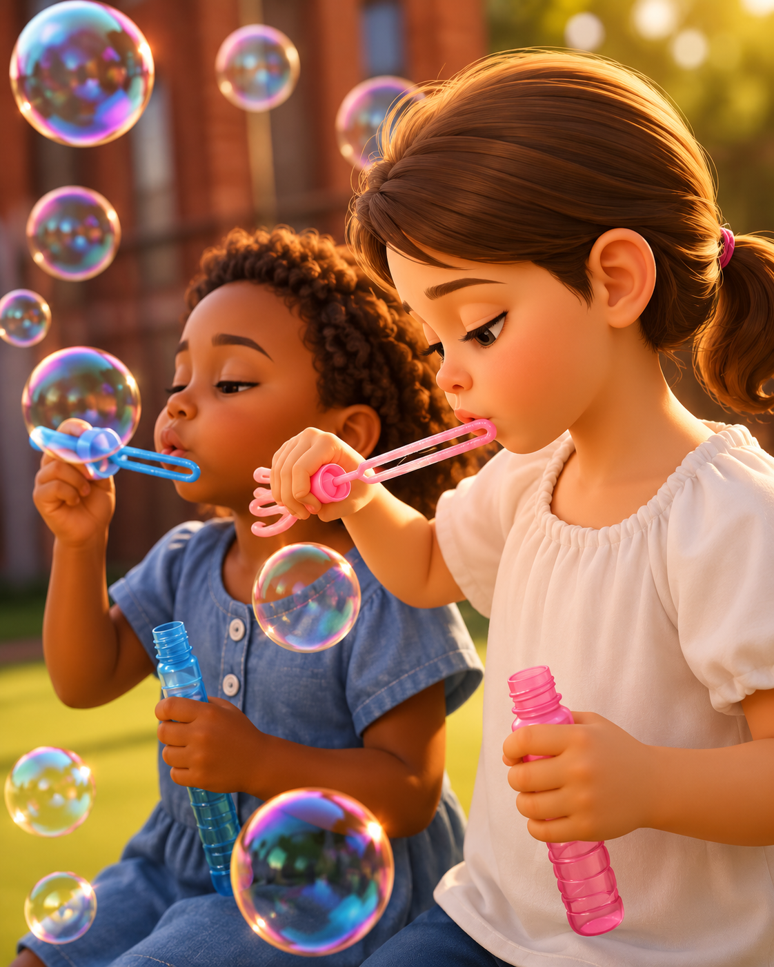 A pair of girls blowing bubbles